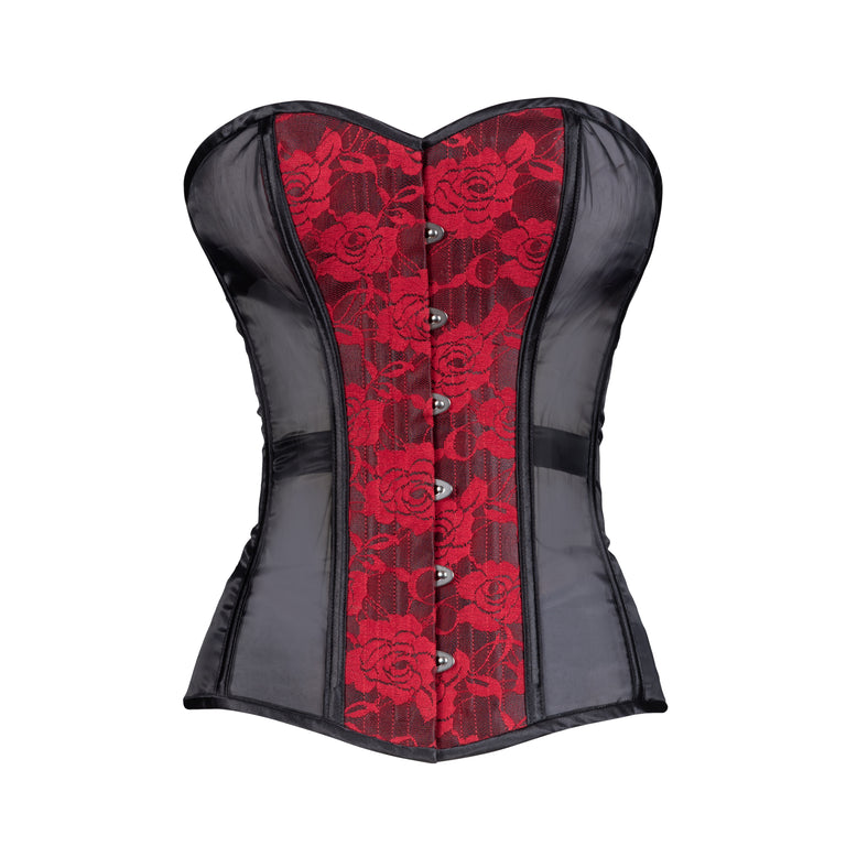 Essential Corset Lサイズ 黒赤 Burgundy Lace and Black Mesh Overbust, Slim Silhouette, Regular